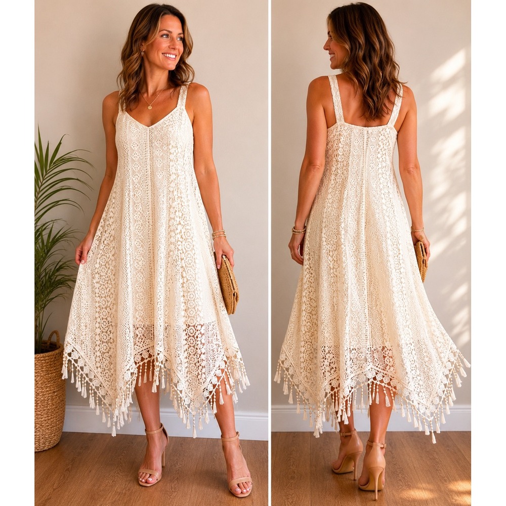 Trixxi Womens White Crochet Lace Fringe Mini Dress Sleeveless Boho V-Neck S NWT